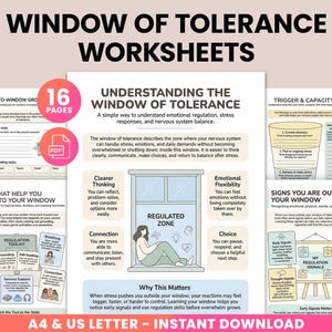 May include: A collection of printable worksheets titled "Window of Tolerance Worksheets." The pages include diagrams and text explaining emotional regulation, stress responses, and nervous system balance. The worksheets are available in A4 and US Letter sizes.