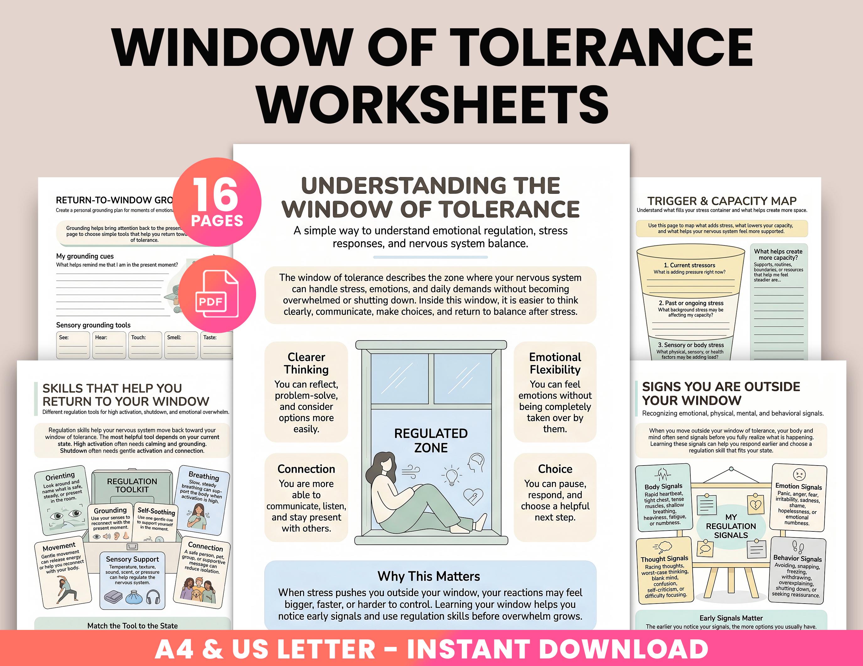 Window of Tolerance Worksheets, Emotional Regulation Workbook, Nervous ...