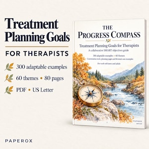 Puede incluir: Un libro titulado The Progress Compass: Treatment Planning Goals for Therapists, con una brújula dorada sobre una orilla rocosa. El texto incluye 300 ejemplos adaptables, 60 temas, 80 páginas, formato PDF y US Letter.