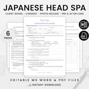Pode incluir: Um formulário de admissão para um spa japonês para a cabeça, com seis páginas. O formulário inclui seções para informações pessoais, histórico médico e um registro de clientes. O formulário é editável nos formatos Microsoft Word e PDF.
