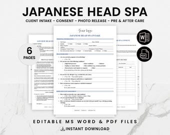 Formularios de consulta para spas de cabeza japoneses, formularios de admisión editables para spas de cabeza, formularios para salones MedSpa, formularios para esteticistas, formularios para tratamientos del cuero cabelludo (PDF)