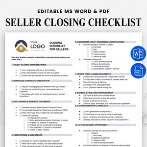 May include: A white document titled "SELLER CLOSING CHECKLIST" with a logo and the text "CLOSING CHECKLIST FOR SELLERS." The checklist includes sections on representation, mortgage, disclosures, and utilities. Includes MS Word and PDF icons.