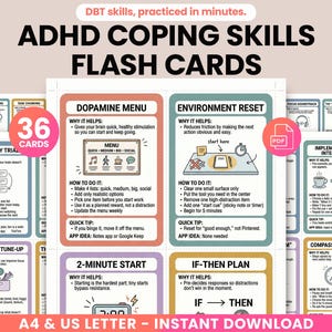 Könnte beinhalten: ADHS-Bewältigungsfähigkeiten-Karteikarten mit 36 Karten. Die Karten haben farbenfrohe Designs und enthalten Texte wie "Dopamin-Menü" und "Umgebungs-Reset". Der Text "A4 & US Letter - Instant Download" ist ebenfalls sichtbar.