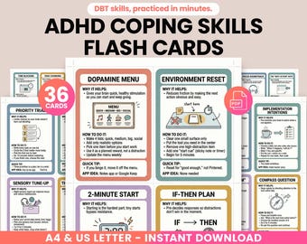 ADHS Bewältigungsfähigkeiten Karten zum ausdrucken, ADHS Therapie Arbeitsblatt, Karteikarten zu Exekutivfunktion, ADHS Routine & Fokus, Aufgaben zur Produktivkraft