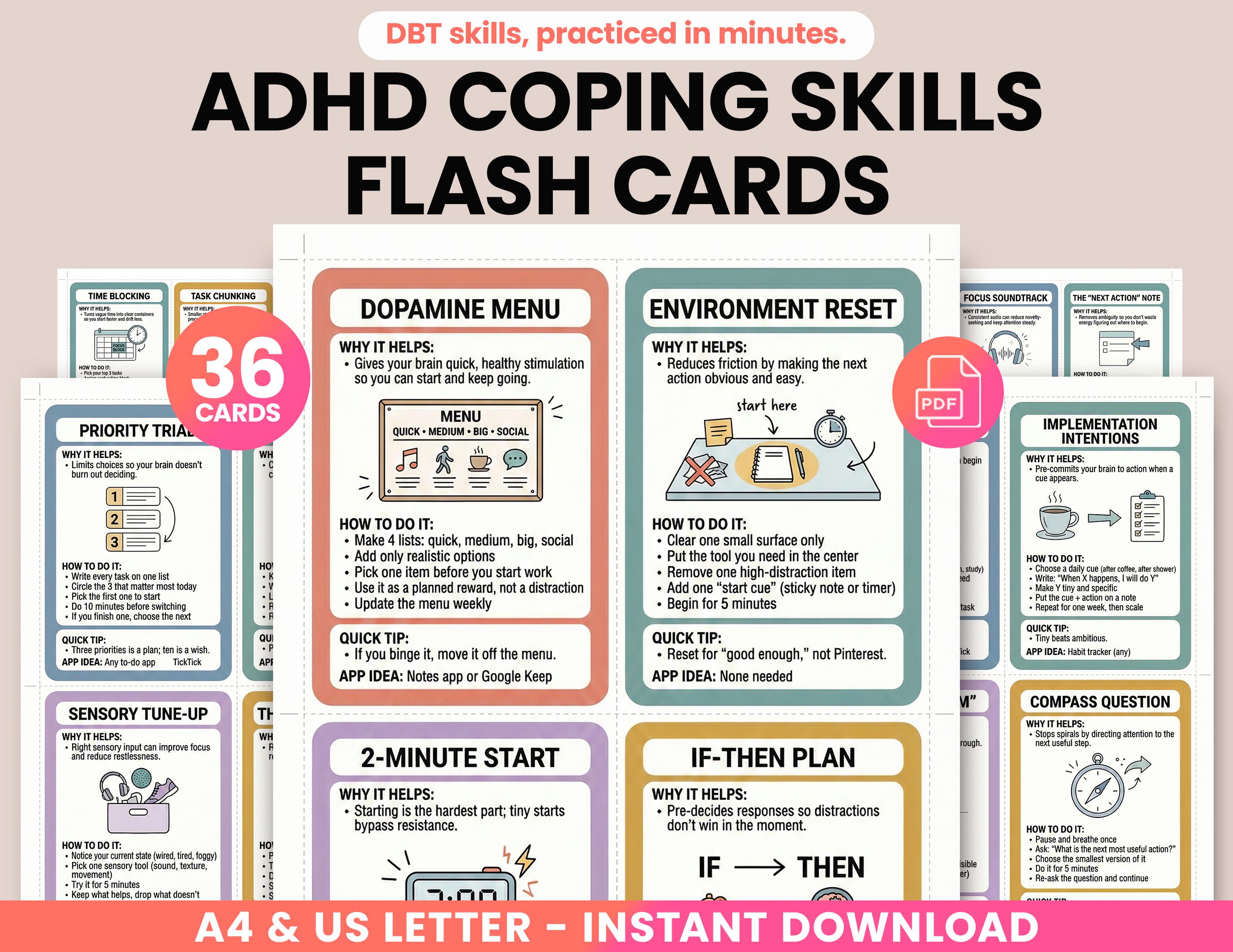 ADHD Coping Skills Cards Printable, ADHD Therapy Worksheets, Executive ...