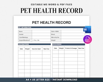 Printable Pet Health Record Template, Pet Vaccination Log, Puppy Shot Record, Pet Care Tracker, Dog Vaccination Chart PDF, Editable Ms Word