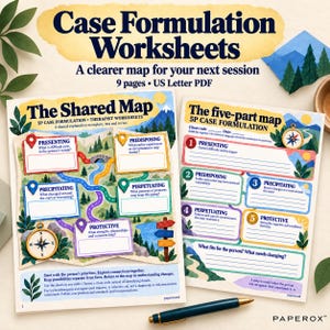 May include: Case Formulation Worksheets, a 9-page US Letter PDF. Two printed sheets titled The Shared Map and The five-part map feature colorful illustrations of paths, compasses, and trees with blank fields for therapeutic notes and clinical data.