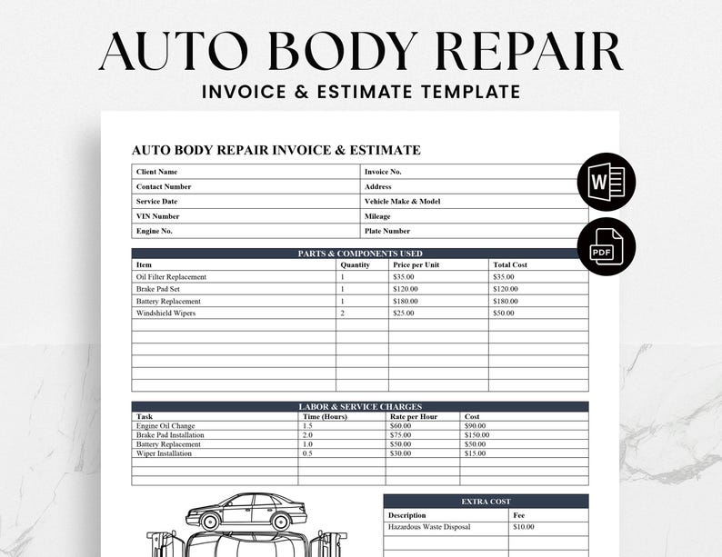 Auto Body Repair Invoice Template – Printable Mechanic Service Estimate ...