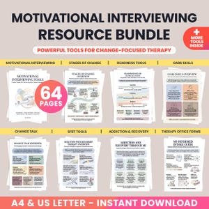 May include: A digital resource bundle for motivational interviewing featuring 64 pages of therapy tools, including guides on stages of change, OARS skills, change talk, and addiction recovery. The documents are available in A4 and US letter sizes.