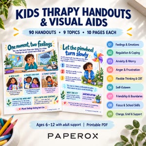 Kids Therapy Handouts & Visual Aids, 90 Pages, Child Counseling Resources, Psychoeducation, Coping Skills Printables, 9 Topics