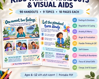 Kids Therapy Handouts & Visual Aids, 90 Pages, Child Counseling Resources, Psychoeducation, Coping Skills Printables, 9 Topics