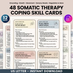 Op de afbeelding: Een verzameling van 48 copingvaardigheidkaarten voor somatische therapie, ontworpen voor sensorische resets en regulatie. De kaarten bevatten oefeningen met instructies en tijdschema's. De tekst "US LETTER - INSTANT DOWNLOAD" is zichtbaar.