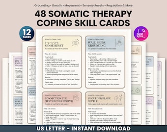Tarjetas imprimibles de afrontamiento somático, herramientas para la conexión a tierra con la ansiedad, regulación del sistema nervioso, respiración y atención plena, terapia basada en el trauma.