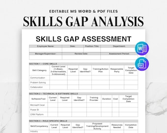 May include: A Skills Gap Analysis template in MS Word and PDF format. The document includes sections for core skills, technical and software skills, and role-specific skills. It features fields for employee information and assessment details, with icons for Word and PDF files.