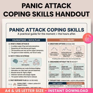 Op de afbeelding: Een afdrukbare handleiding getiteld "Panic Attack Coping Skills" met praktische tips voor het omgaan met paniekaanvallen. Bevat secties over het begrijpen van paniek, snelle responsplannen en aardingstechnieken. Met een PDF-pictogram.