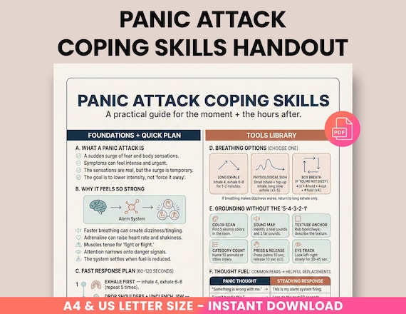 Panic Attack Coping Skills, Printable Anxiety Relief Coping Sheet | Grounding & Breathing Tools | Therapy Office Handout PDF | Calm Toolkit