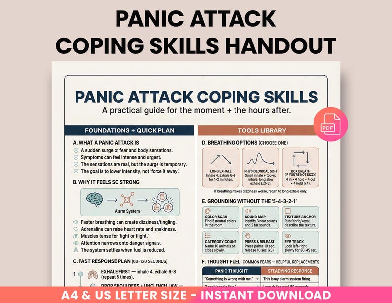 K&ouml;nnte beinhalten: Ein druckbares Handout mit dem Titel "Panic Attack Coping Skills" mit einem praktischen Leitfaden zur Bew&auml;ltigung von Panikattacken. Enth&auml;lt Abschnitte zum Verst&auml;ndnis von Panik, schnellen Reaktionspl&auml;nen und Erdungstechniken. Mit PDF-Symbol.