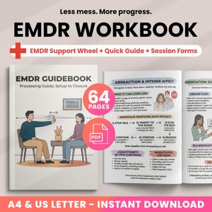 May include: A workbook titled "EMDR WORKBOOK" with the text "EMDR Support Wheel + Quick Guide + Session Forms." The cover of the guidebook is white with the title "EMDR GUIDEBOOK" and "64 PAGES." The image also includes a PDF icon and the text "A4 & US LETTER - INSTANT DOWNLOAD."