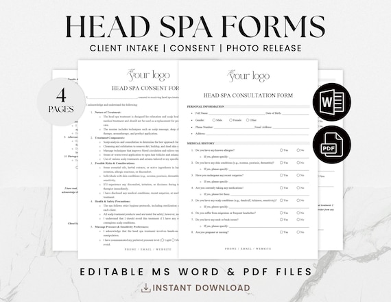 Head Spa Intake Form | Scalp Treatment Consent Form | Salon Client Waiver | Beauty Spa Form | Editable MS Word & PDF Template