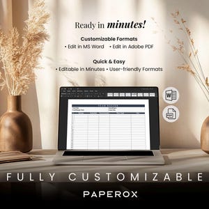 Peut inclure: Un ordinateur portable affichant un mod&egrave;le de liste d'&eacute;quipe avec le texte "Team Roster" en haut. Le mod&egrave;le est personnalisable et peut &ecirc;tre &eacute;dit&eacute; dans Microsoft Word ou Adobe PDF. Le texte "Ready in minutes!" est affich&eacute; au-dessus de l'ordinateur portable. Le texte "Fully Customizable" et "Paperox" est affich&eacute; en dessous de l'ordinateur portable.