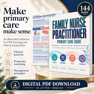 May include: A digital PDF guide titled Family Nurse Practitioner Primary Care Guide with 144 pages. The cover features text, icons for assess, interpret, plan, and reassess, and clinical topics like adult health and reproductive care.