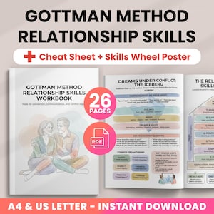Könnte beinhalten: Ein Arbeitsbuch- und Posterset mit dem Titel "Gottman Method Relationship Skills". Das Arbeitsbuchcover zeigt eine Illustration eines Paares. Das Set enthält ein Cheat Sheet und ein Skills Wheel Poster. Das Arbeitsbuch hat 26 Seiten. Sofortiger Download.