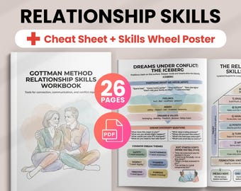 Gottman Method Workbook, Couples Communication Worksheets, Relationship Skills Cheat Sheets + Skills Wheel Poster Printable PDF