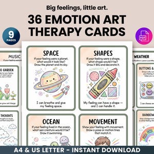 Può includere: Un set di 36 Emotion Art Therapy Cards con il testo "Big feelings, little art". Le carte presentano illustrazioni e suggerimenti per l'esplorazione emotiva, tra cui argomenti come lo spazio, le forme e i sentimenti. Le carte sono disponibili per il download immediato.