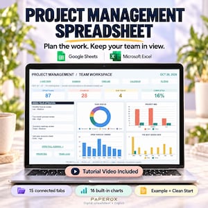 May include: A laptop screen displays a project management spreadsheet with a dashboard featuring task status, priority mix, and open tasks by owner. The interface includes Google Sheets and Microsoft Excel icons, a tutorial video button, and text labels for 15 connected tabs and 16 built-in charts.