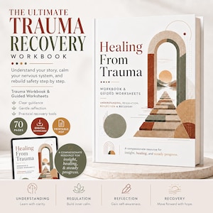 Puede incluir: El libro The Ultimate Trauma Recovery Workbook y una tableta digital muestran el título Healing From Trauma. La portada presenta un arco, un camino y un sol en terracota, verde salvia y beige. El texto incluye Understanding, Regulation, Reflection y Recovery.