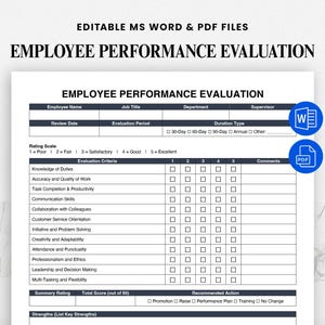 May include: A white employee performance evaluation form with the title "Employee Performance Evaluation" in bold black text. The form includes sections for employee information, evaluation criteria, and a rating scale. The document is available in editable MS Word and PDF files.