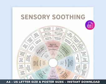 Puede incluir: Un gráfico de relajación sensorial con un diseño circular, que presenta diversas actividades y técnicas calmantes. El gráfico incluye texto como "Sensory Soothing", "Mouth input to settle" y "Gentle belly breathing". Disponible en tamaños A4, US Letter y póster.