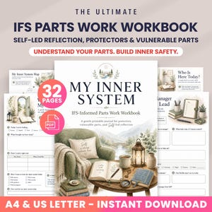 May include: The Ultimate IFS Parts Work Workbook is a printable journal featuring a cover with a green armchair, a wooden table, a lantern, and books. The text includes My Inner System, IFS-Informed Parts Work Workbook, and 32 Pages.