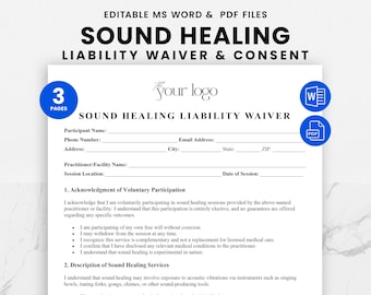 Formulario de exención de responsabilidad por terapia sonora - Plantilla de consentimiento del cliente - Formulario de autorización de terapia sonora editable (PDF y Word)