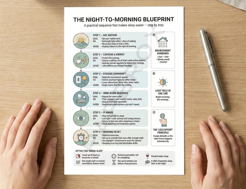 Pode incluir: Um guia impresso intitulado "THE NIGHT-TO-MORNING BLUEPRINT" com uma sequ&ecirc;ncia pr&aacute;tica para dormir melhor. O guia inclui etapas com &iacute;cones e texto, uma caneta e m&atilde;os em uma superf&iacute;cie de madeira. O guia foi projetado para ajudar as pessoas a dormir melhor.