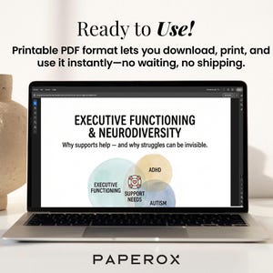 May include: A laptop displays a presentation titled "EXECUTIVE FUNCTIONING & NEURODIVERSITY." The presentation includes text and a diagram with circles labeled ADHD, Autism, Executive Functioning, and Support Needs. The text "Ready to Use!" is at the top.