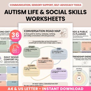 May include: A set of printable worksheets titled "Autism Life & Social Skills Worksheets." The pages include guides for conversation, sensory comfort, and friendship. The worksheets are available in A4 and US Letter sizes.