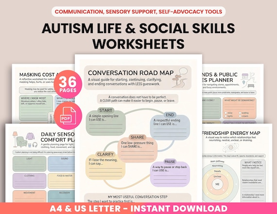 Autism Social Skills & Life Skills Worksheets, Teens/ Adults Workbook, Neurodivergent Communication Tools, Social Cues, Sensory Support Plan