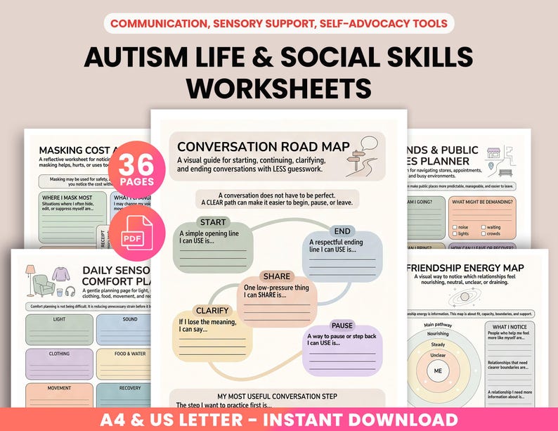 May include: A set of printable worksheets titled "Autism Life & Social Skills Worksheets." The pages include guides for conversation, sensory comfort, and friendship. The worksheets are available in A4 and US Letter sizes.
