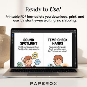 May include: A laptop displays a printable PDF with educational content. The screen shows two sections: "SOUND SPOTLIGHT" and "TEMP CHECK HANDS." The text "Ready to Use!" is at the top. A beige vase is on the left. The brand name "PAPEROX" is at the bottom.