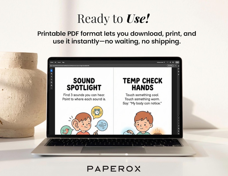 May include: A laptop displays a printable PDF with educational content. The screen shows two sections: "SOUND SPOTLIGHT" and "TEMP CHECK HANDS." The text "Ready to Use!" is at the top. A beige vase is on the left. The brand name "PAPEROX" is at the bottom.