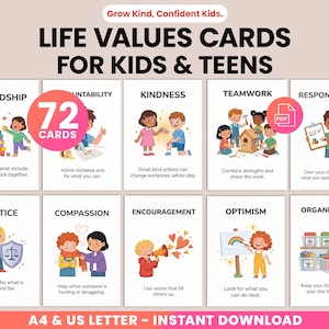 Puede incluir: Un conjunto de 72 tarjetas de Valores de Vida para Niños y Adolescentes, con ilustraciones coloridas y valores clave como la amistad y la responsabilidad. Tarjetas para descarga instantánea, formatos A4 y US Letter.