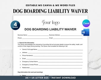 Sjabloon voor vrijstelling van aansprakelijkheid voor hondenpension: contractformulier voor hondenpension, overeenkomst voor opvang voor huisdieren, vrijstelling kennel en dagopvang pdf bewerkbaar Canva Word