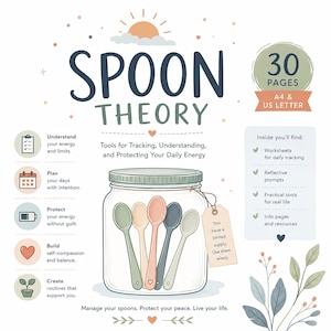 May include: A Spoon Theory digital planner with 30 pages in A4 and US Letter sizes. The graphic features a glass jar filled with five colored spoons, a tag reading 'You have a limited supply. Use them wisely.', and sections for tracking daily energy, planning, and self-care.