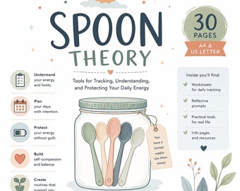 May include: A Spoon Theory digital planner with 30 pages in A4 and US Letter sizes. The graphic features a glass jar filled with five colored spoons, a tag reading 'You have a limited supply. Use them wisely.', and sections for tracking daily energy, planning, and self-care.