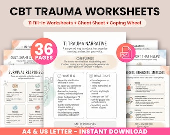 Trauma Healing Worksheets CBT Bundle, PTSD Coping Skills, Nervous System Regulation Toolkit, Recovery Workbook, Cheat Sheet + Coping Wheel