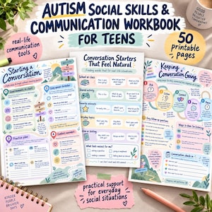 May include: An Autism Social Skills & Communication Workbook for Teens featuring three printed pages with colorful illustrations, text, and diagrams. The pages include guides on starting conversations, conversation starters, and keeping conversations going.
