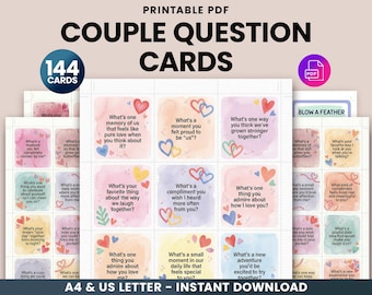 144 Couple Question Cards Printable - Date Night Conversation Starters | Relationship Card Game | Romantic Anniversary Gift | A4 & US Letter