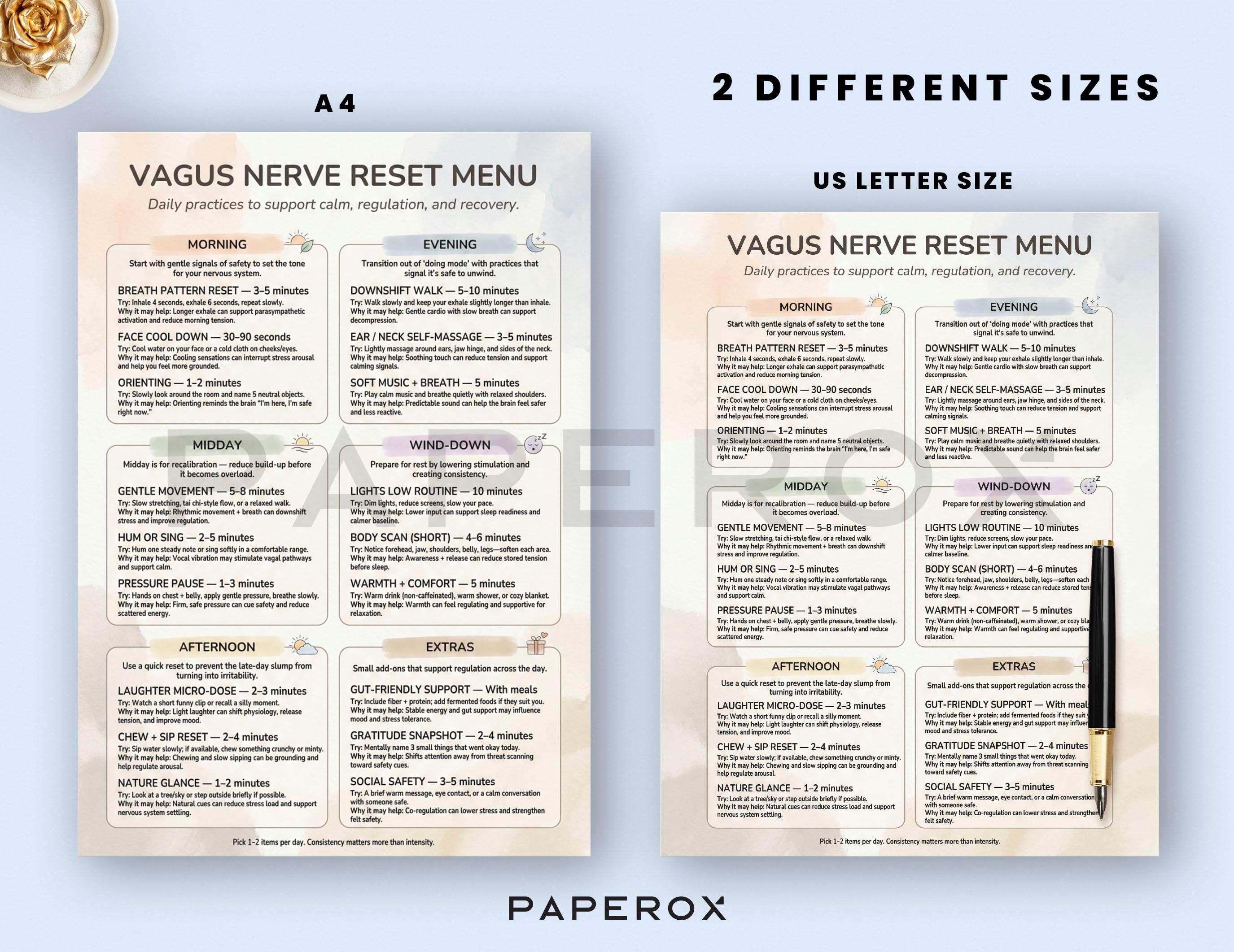 Vagus Nerve Reset Menu Printable PDF - Nervous System Regulation Cheat ...