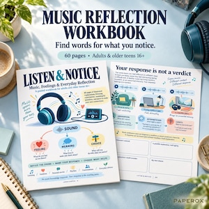 以下が含まれることがあります： 大人および年長のティーン向けの60ページの音楽リフレクションワークブック。表紙には「Listen & Notice, Music, Feelings & Everyday Reflection」というタイトルと、ヘッドフォンや音波のイラストが描かれています。内側のページにはガイド付きのプロンプトが表示されています。